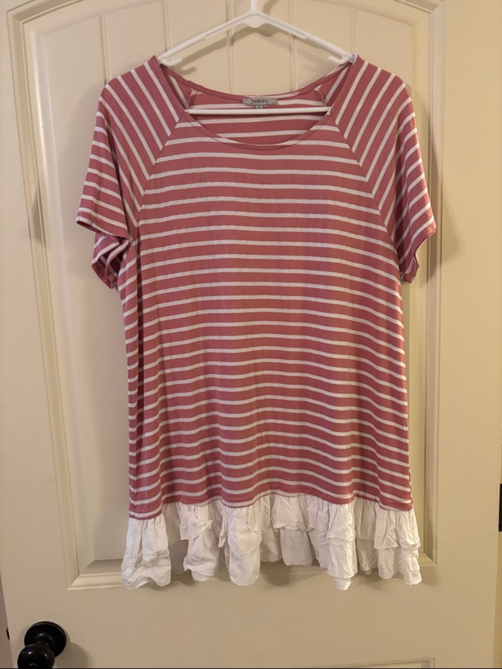 JODIFL Rose Pink & White Striped Ruffle Hem Tee